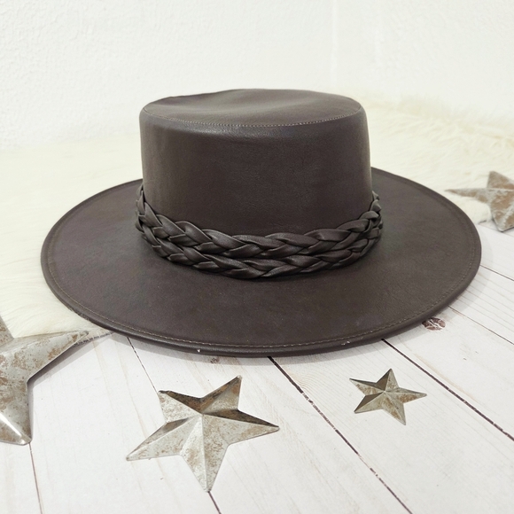 ASN The Coffee Tobacco Faux Leather Cordobés Hat Braided Trim Dark Brown Medium - Picture 2 of 9